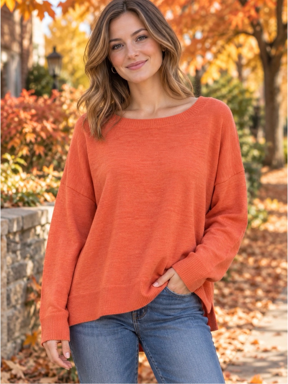 EILEEN FISHER | 100% Merino Wool Cozy Orange Boatneck Oversized Sweater Large